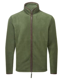 An olive green polar fleece jacket with a high collar and zip closure, featuring a branded logo.