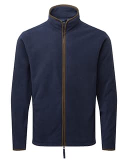 A navy blue polar fleece jacket featuring a zip front and contrasting trim. It has a logo on the chest.
