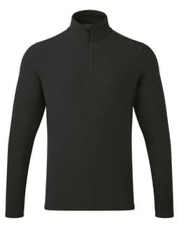 A black microfleece top featuring a 1/4 zip, long sleeves, and a minimalistic design with a logo.