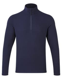 A navy 1/4 zip microfleece pullover with long sleeves and a collar, featuring a small logo.