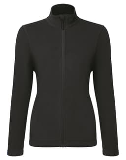 A black women's microfleece zip jacket with a high collar and long sleeves, featuring a logo on the chest.