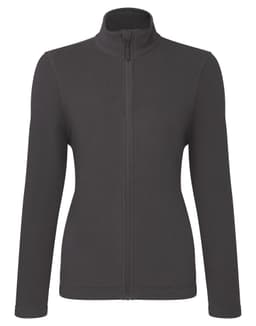 A women's zip microfleece jacket in dark grey, featuring a high collar and long sleeves. It has a logo on the design.