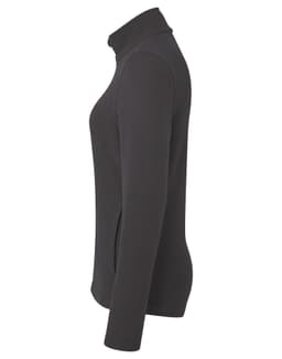 A women's zip microfleece jacket in dark grey, featuring a stand collar and long sleeves. It has a logo on the side.