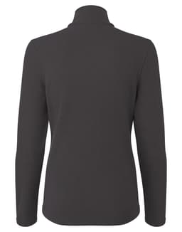 A women's microfleece zip top in black, featuring a high collar and long sleeves, with a logo on the back.