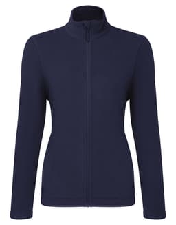 A navy microfleece zip jacket for women with a high collar and long sleeves. The jacket features a central zip and branding.