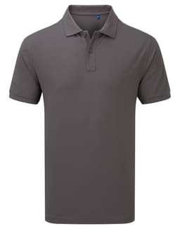 A grey polo shirt with a collared neckline and short sleeves, featuring a logo on the chest.