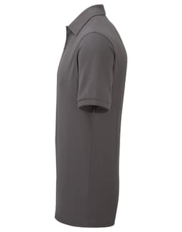 A grey work polo shirt with short sleeves and a collar, featuring a logo on the chest.