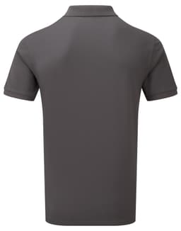 A grey polo shirt with short sleeves, featuring a collar and a logo on the back.