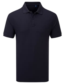 A navy polo shirt with short sleeves and a collar, featuring a small logo on the chest.
