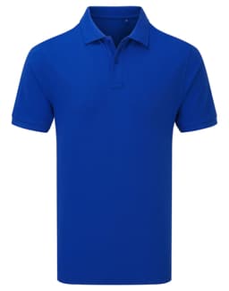 A blue polo shirt with a collar and short sleeves, featuring a logo on the chest.