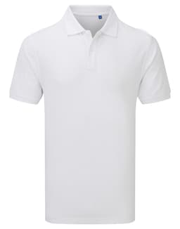 A plain white polo shirt with short sleeves and a collar, featuring a logo. Suitable for workwear.