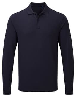 A navy long-sleeve polo shirt featuring a collar and a logo on the sleeve. Suitable for workwear.
