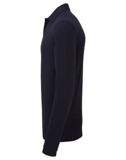 A navy blue work polo shirt with long sleeves and a collar, featuring a logo on the chest.