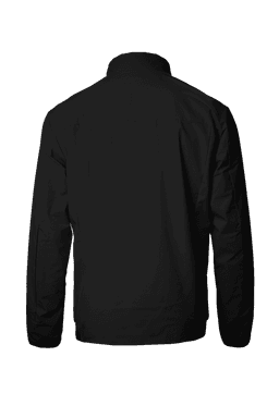 A black men's jacket featuring a collar and a simple design, with a logo on the back.