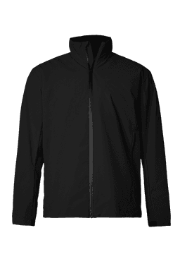 A black men's jacket with a front zipper and a high collar, featuring a logo on the chest.