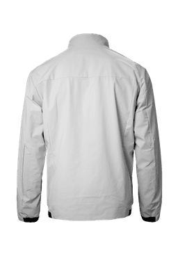 A grey men's jacket featuring a simple design and a logo on the back.