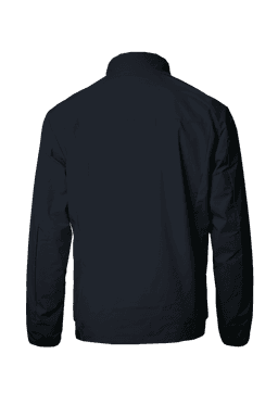 A dark navy men's jacket with a simple design and a collar, featuring a logo on the back.