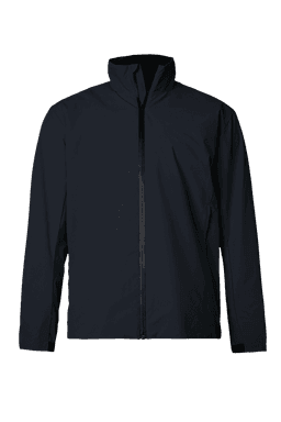 A navy jacket with a high collar and zip front, featuring a logo on the chest.