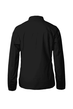 A black women's jacket featuring a classic design and a logo on the back.