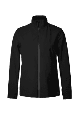 A women's jacket in black with a front zipper and a high collar. It features a logo on the side.