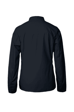 A women's jacket in navy blue, featuring a simple design with long sleeves and a collar. It has a logo on the back.
