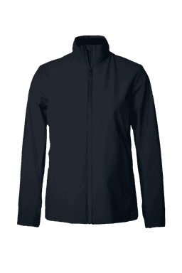 A women's jacket in navy blue, featuring a zip front and a high collar. It includes a logo on the design.