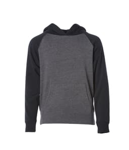 A pullover hoodie featuring a mix of grey and black colours, with a front pocket and a hood. It has a logo.