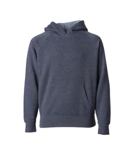 A navy blue toddler pullover hoodie with a front pocket and a hood. Features branding on the fabric.