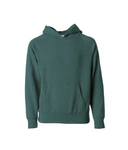 A green pullover hoodie featuring a front pocket and a hood, with raglan sleeves and a simple design.