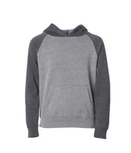 A pullover hoodie featuring a grey body and darker grey sleeves, with a front pocket and a hood.
