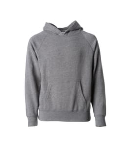 A grey pullover hoodie with a front pocket and a hood, featuring raglan sleeves. It has a logo on the front.