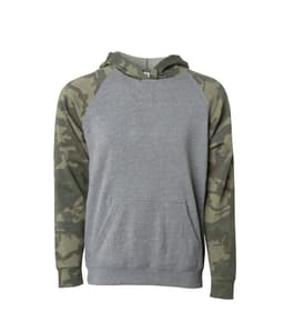 A grey pullover hoodie with camouflage sleeves and a front pocket. It features a hood and has a logo.