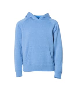 A blue toddler pullover sweatshirt with a hood and front pocket, featuring a logo on the front.