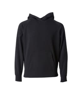 A black pullover hoodie with a front pocket and a hood, featuring a logo on one side.