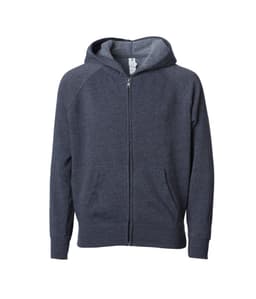 A navy toddler zip hooded sweatshirt featuring a front zipper and two pockets. The hoodie has a casual style.