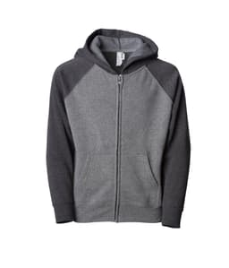 A grey zip-up hoodie featuring a darker grey raglan design and a front pocket. It has a logo on the label.