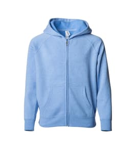 A blue toddler zip hoodie with a front zipper and two pockets, featuring a hood and raglan sleeves.