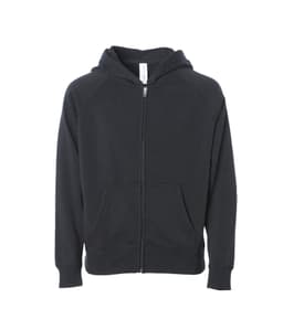 A black zip-up hoodie for toddlers featuring a front pocket and a hood, with branding visible.