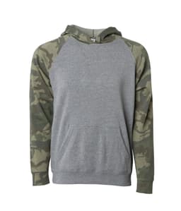 A hoodie featuring a grey body and camouflage-patterned sleeves, with a front pocket and a drawstring hood.