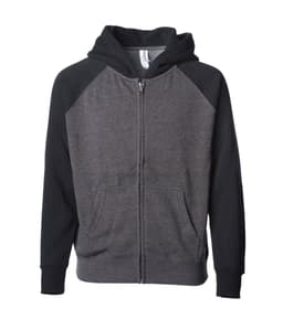 A zip-up hoodie featuring a grey body and black sleeves, with a front pocket and a hood. It has a logo on the label.