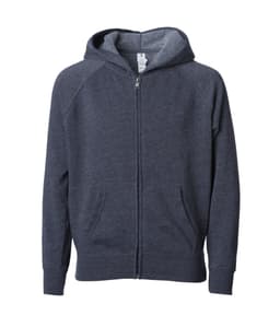 A zip-up hooded sweatshirt in dark grey with front pockets. It features a hood and a relaxed fit.