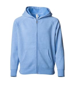 A light blue zip-up hooded sweatshirt with a front pocket and a logo on the label inside.