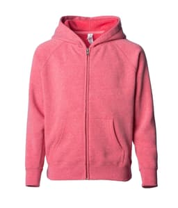 A pink zip hooded sweatshirt featuring a front zip closure and pockets, with a hood and a branding logo.