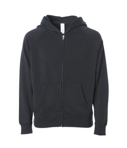 A black zip-up hoodie featuring a hood and front pockets, showcasing a simple, classic design with a logo.