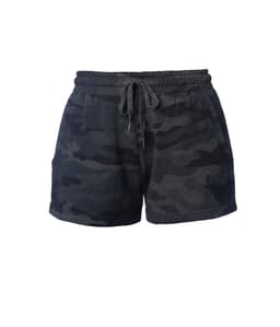 A pair of women's sweatshorts in a dark grey camouflage pattern with an elastic waistband and drawstring.