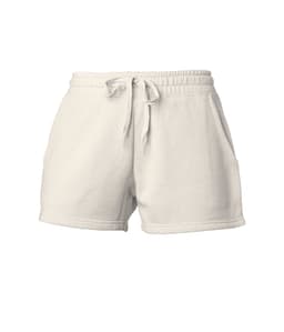 Cream-coloured women's sweatshorts featuring an elastic waistband, drawstring, and side pockets.
