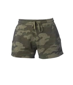 A pair of women's sweatshorts in a camouflage pattern, featuring an elastic waistband with a drawstring.