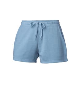 Blue women's sweatshorts with an elastic waistband and pockets, featuring a simple design and a logo.