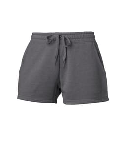 A pair of grey women's sweatshorts featuring an elastic waistband and pockets. It has a logo on the fabric.