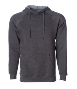 A unisex pullover hoodie in a dark grey colour, featuring a front pocket and a drawstring hood.